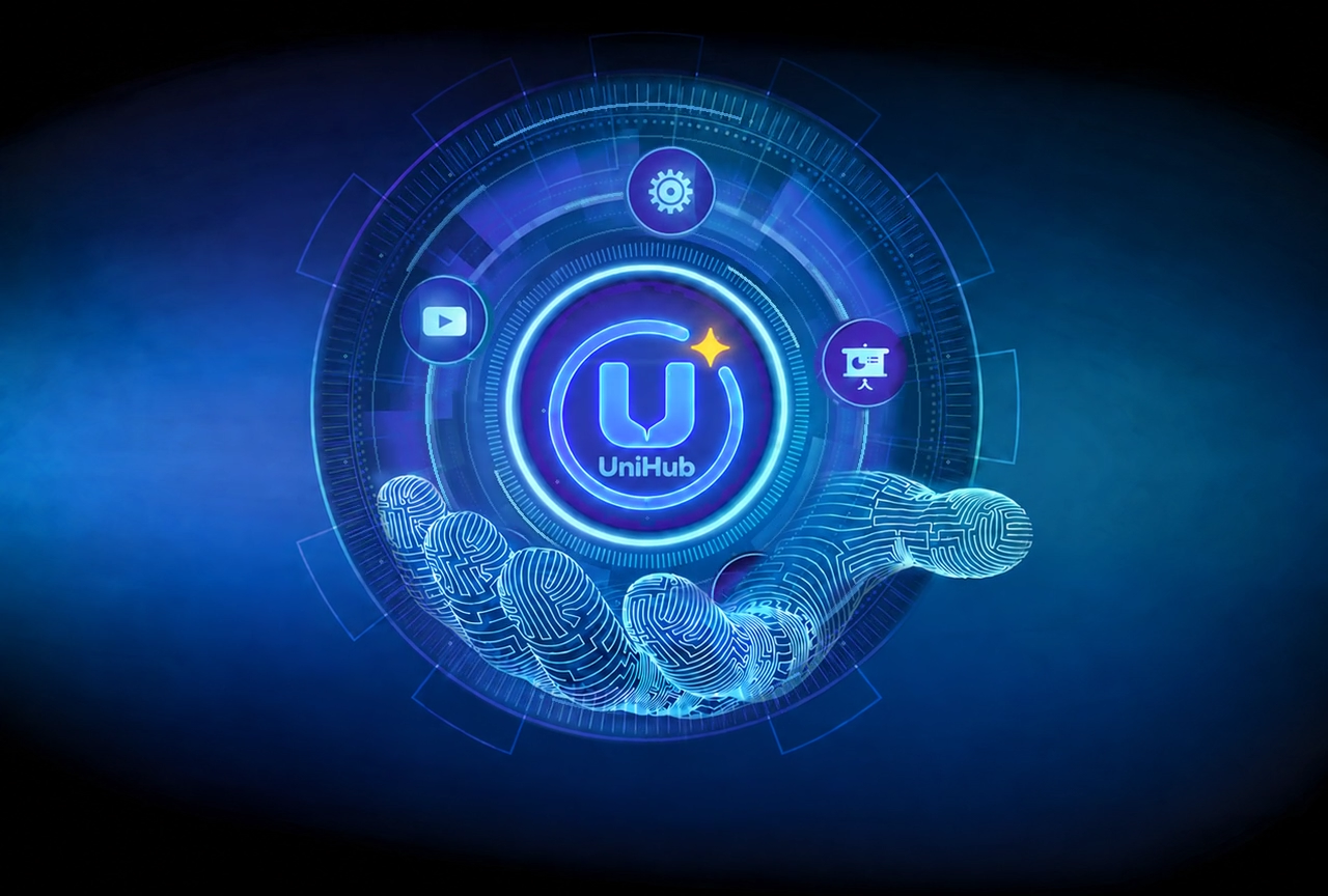 UniHub logo held by a glowing wireframe hand, with orbiting icons
